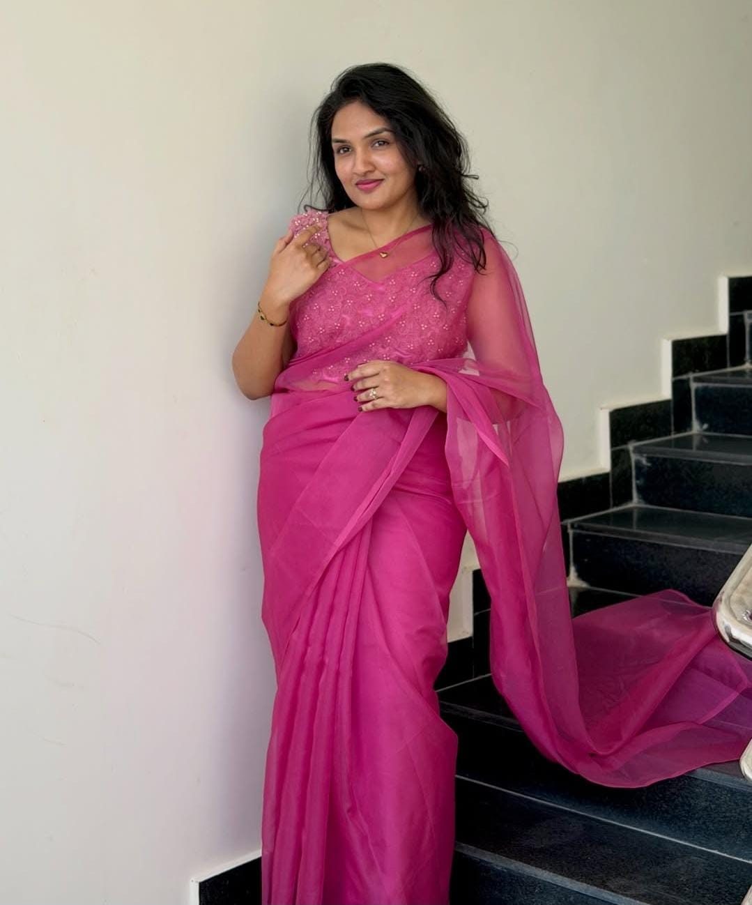 Pink Bloom Organza Saree