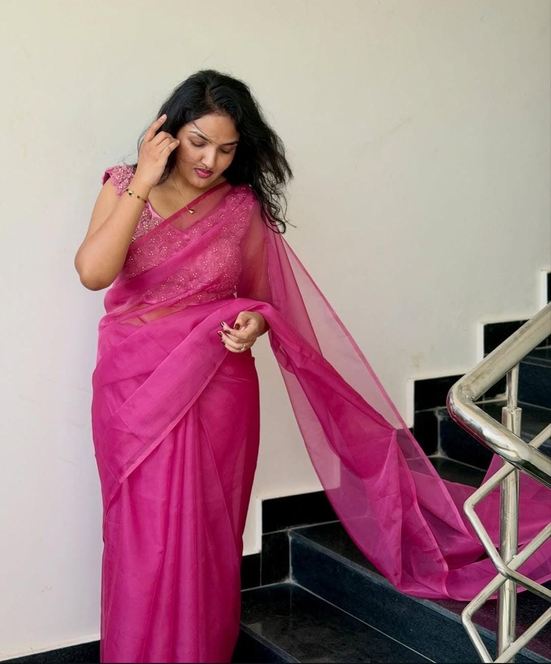 Pink Bloom Organza Saree