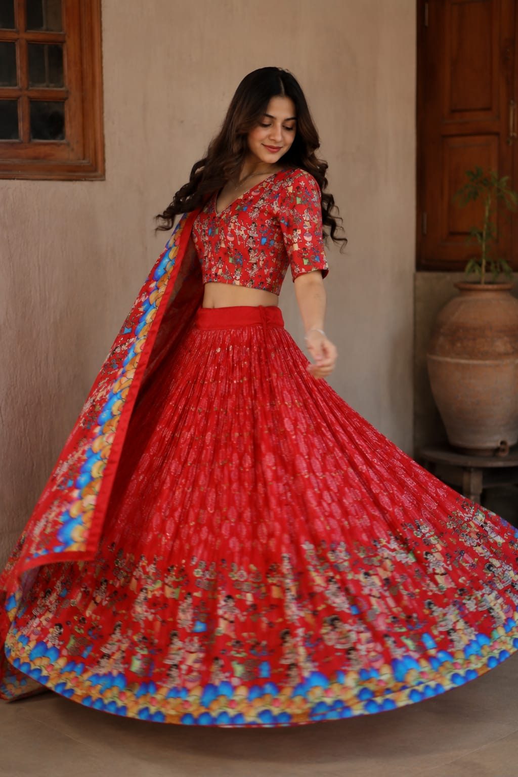 Red Kalamkari Muse Lehenga
