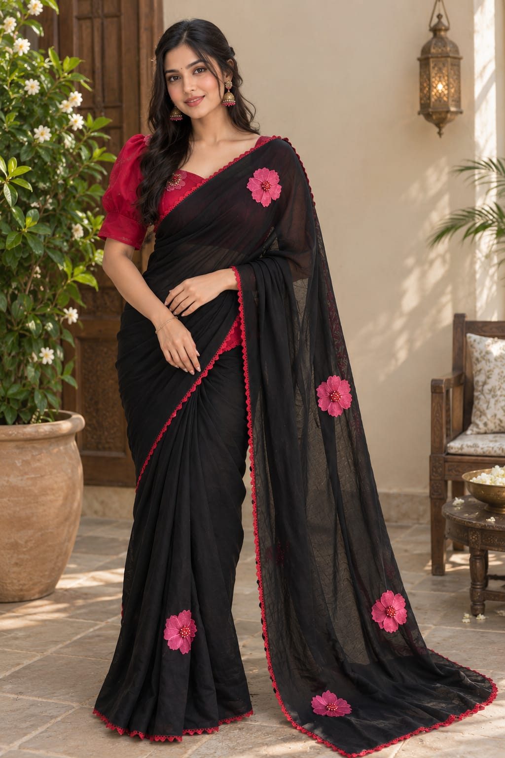 Black Georgette Floral Saree