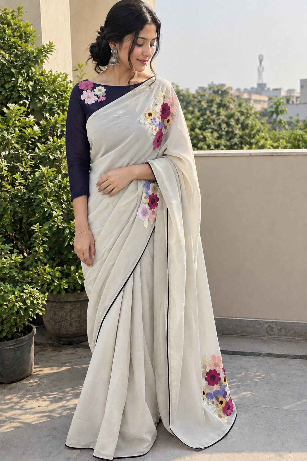Ivory Floral Applique Work Georgette Saree with Fancy Blouse | Office & Party Wear