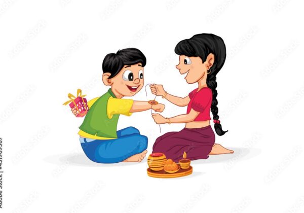 a cartoon image showing a sister tying the rakhi to her brother.