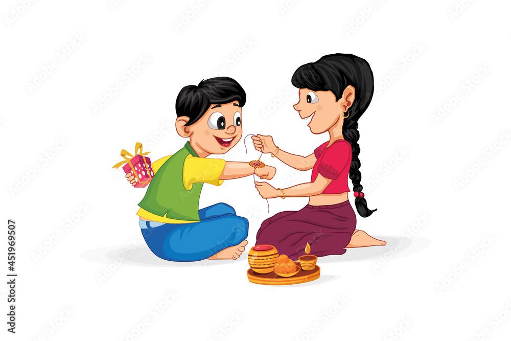 a cartoon image showing a sister tying the rakhi to her brother.