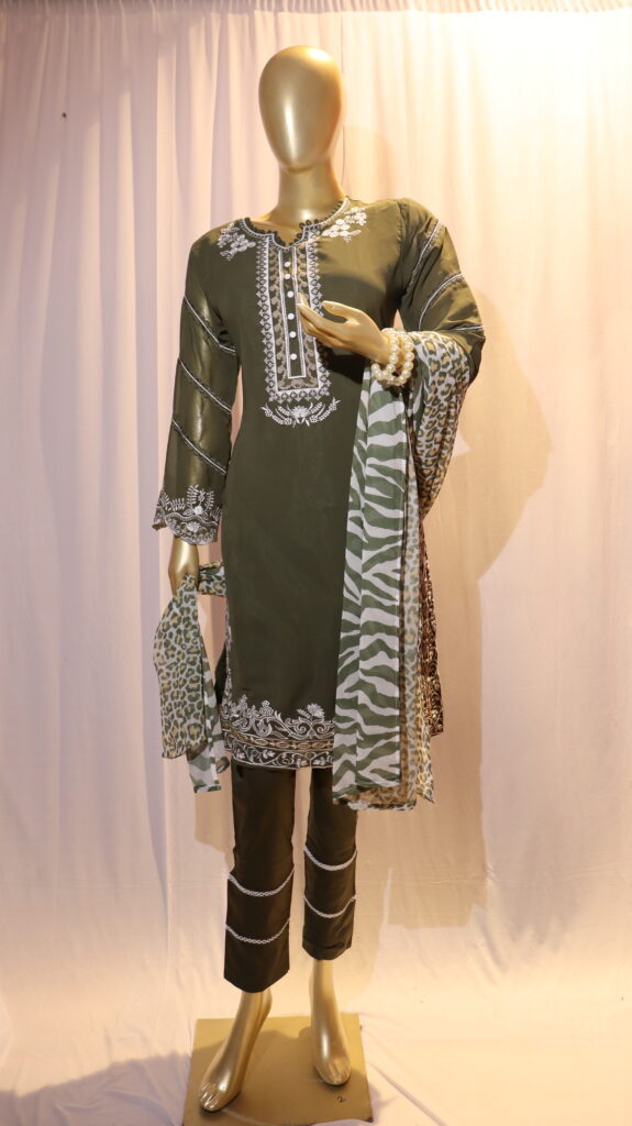 mannequin wearing Army Green Georgette dress with lace and embroidery on it and has a white and army green printed dupatta