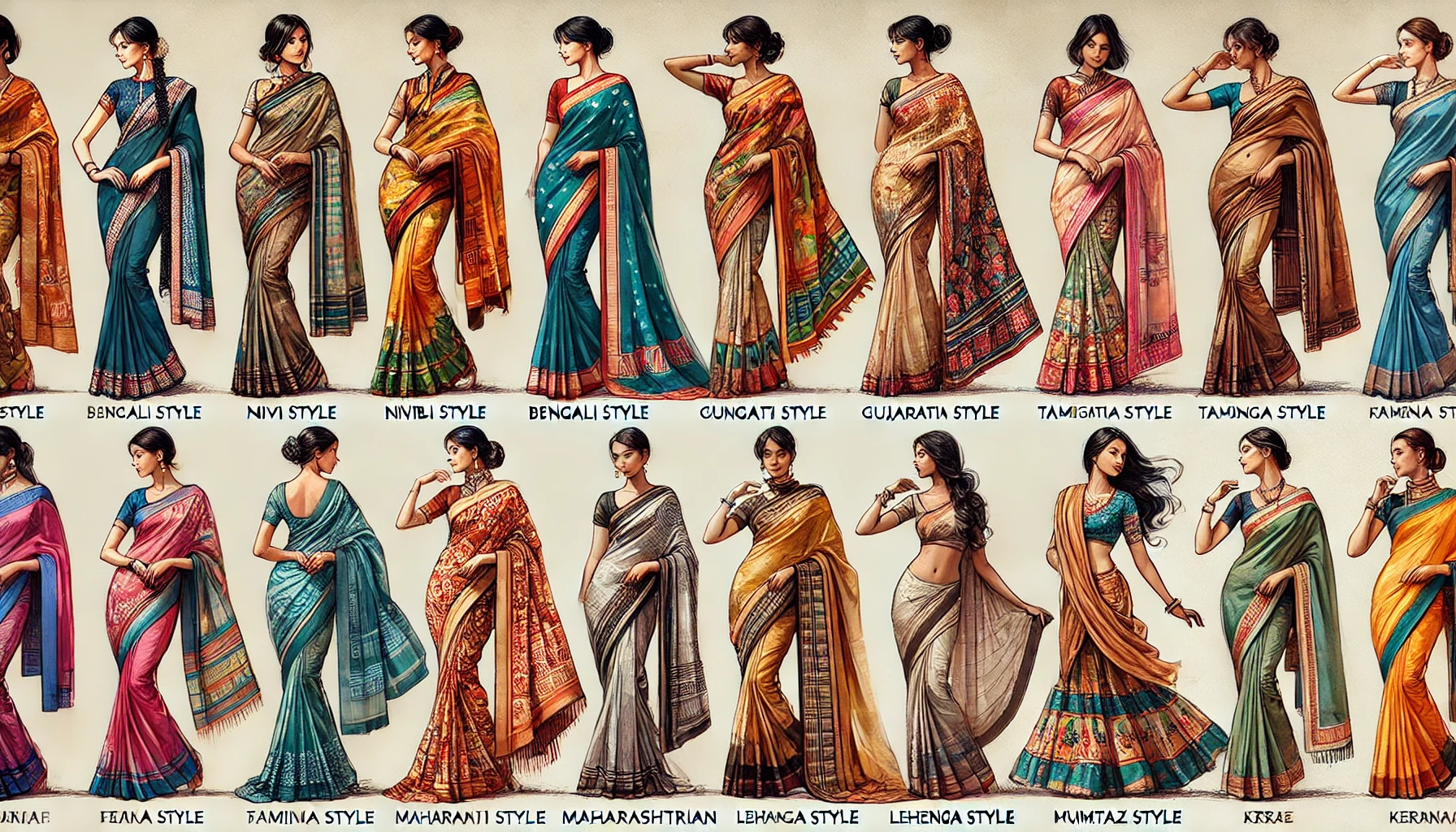 A picture showing Different types to Wear saree